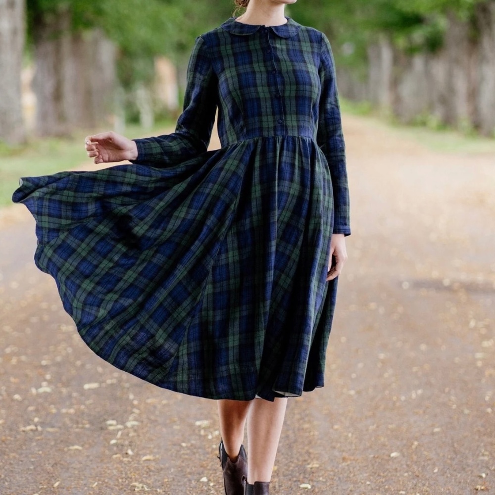 SON DE FLOR Classic Tartan Plaid 100% Linen Dress XL